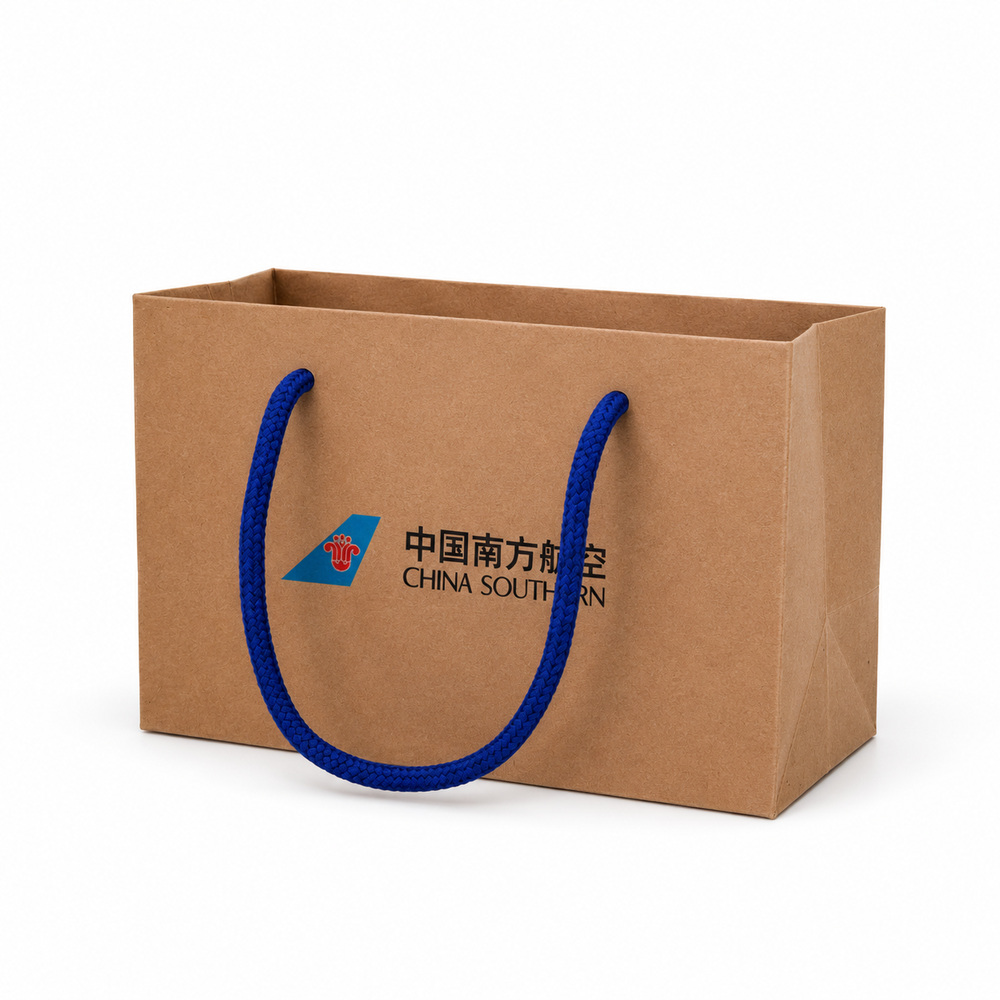 OEM airline kraft paper hand bag with blue rope handles - 175g food-grade kraft paper, factory direct from Guangdong Xinghan